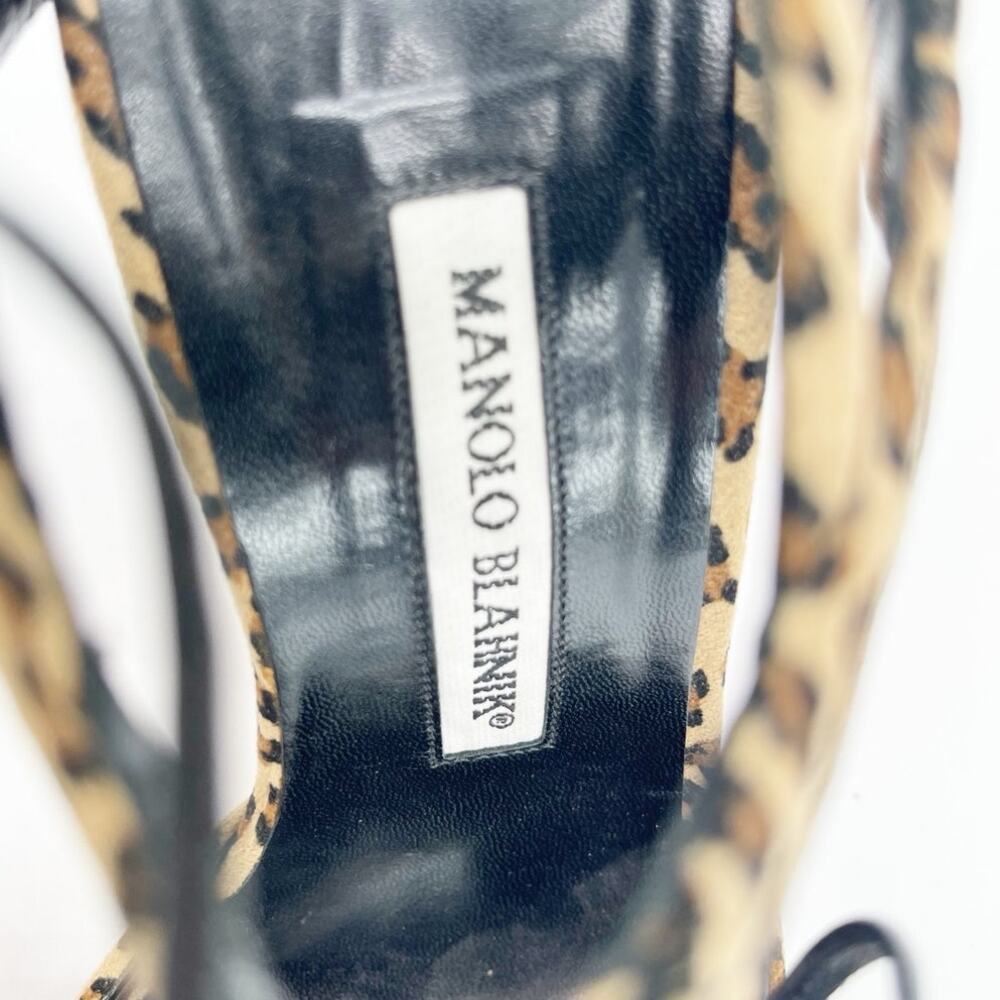 Manolo Blahnik Vintage y2k Leopard Print Suede Lace Up Ankle Strap Heels IT 38 - Picture 10 of 12